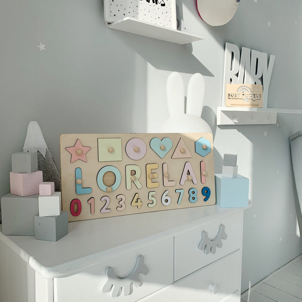 Custom Name Board with Shapes & Numbers in PASTEL rainbow